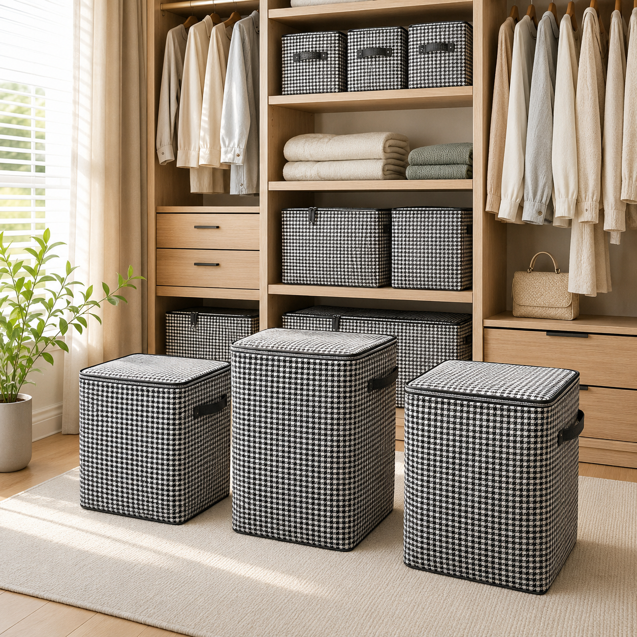 Foldable storage bags for clothing bedding and household organization