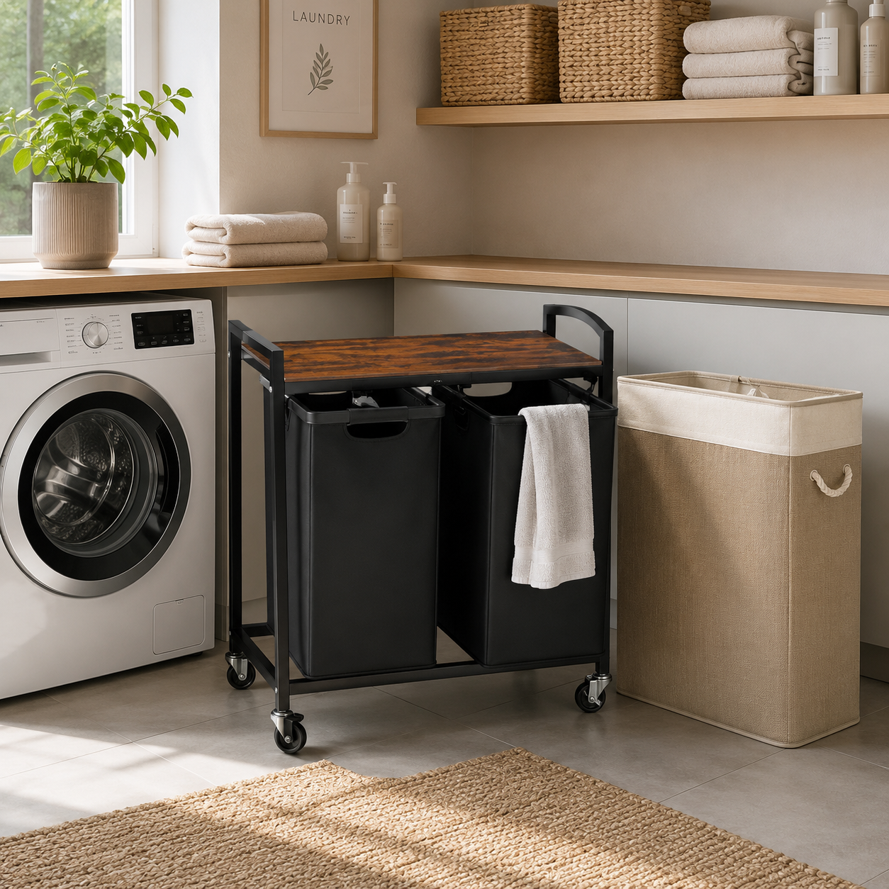 Laundry hampers and sorting solutions for an organized laundry space