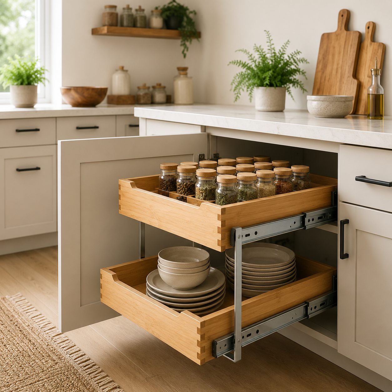 Wooden pull-out cabinet organizers with soft-close sliding shelves