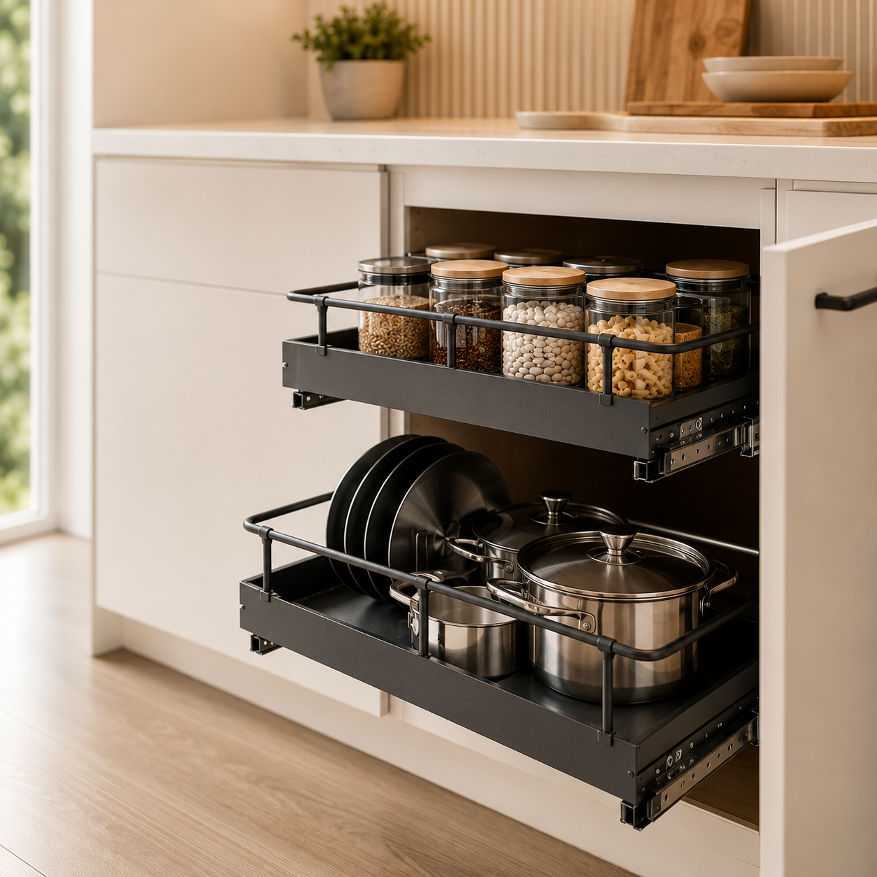 Pull-out kitchen cabinet organizer with sliding shelves for cookware and pantry storage