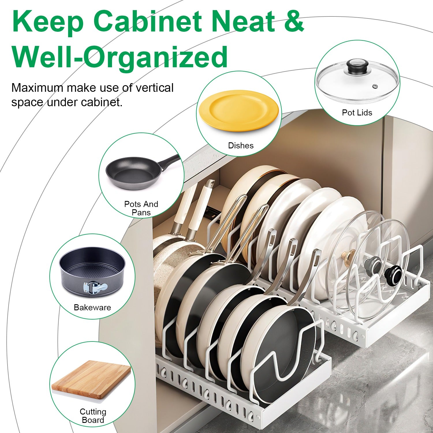 Cookware organizer dimensions and product features
