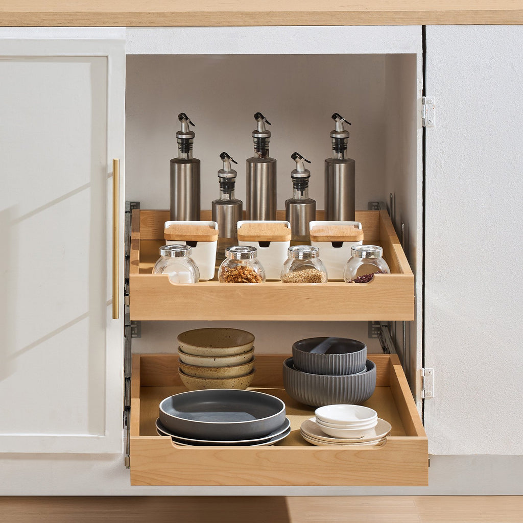 20-inch double-tier organizer installed inside a kitchen cabinet