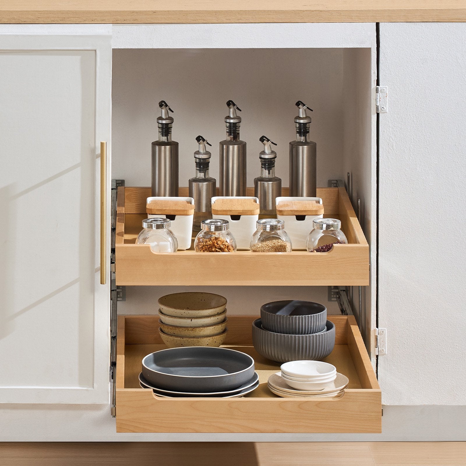 20-inch double-tier organizer installed inside a kitchen cabinet