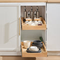 14-inch wooden pull-out organizer installed inside a kitchen cabinet