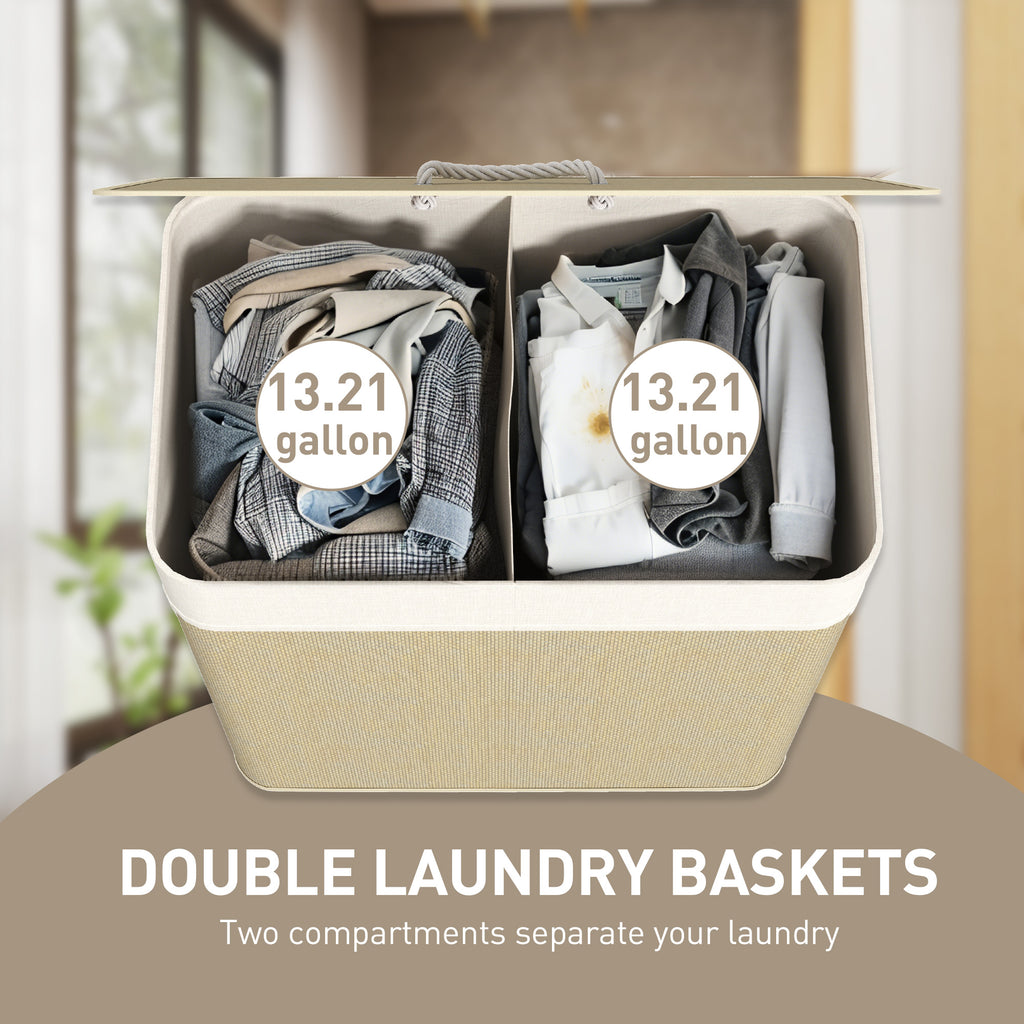Lidded double laundry hamper for concealed clothing storage