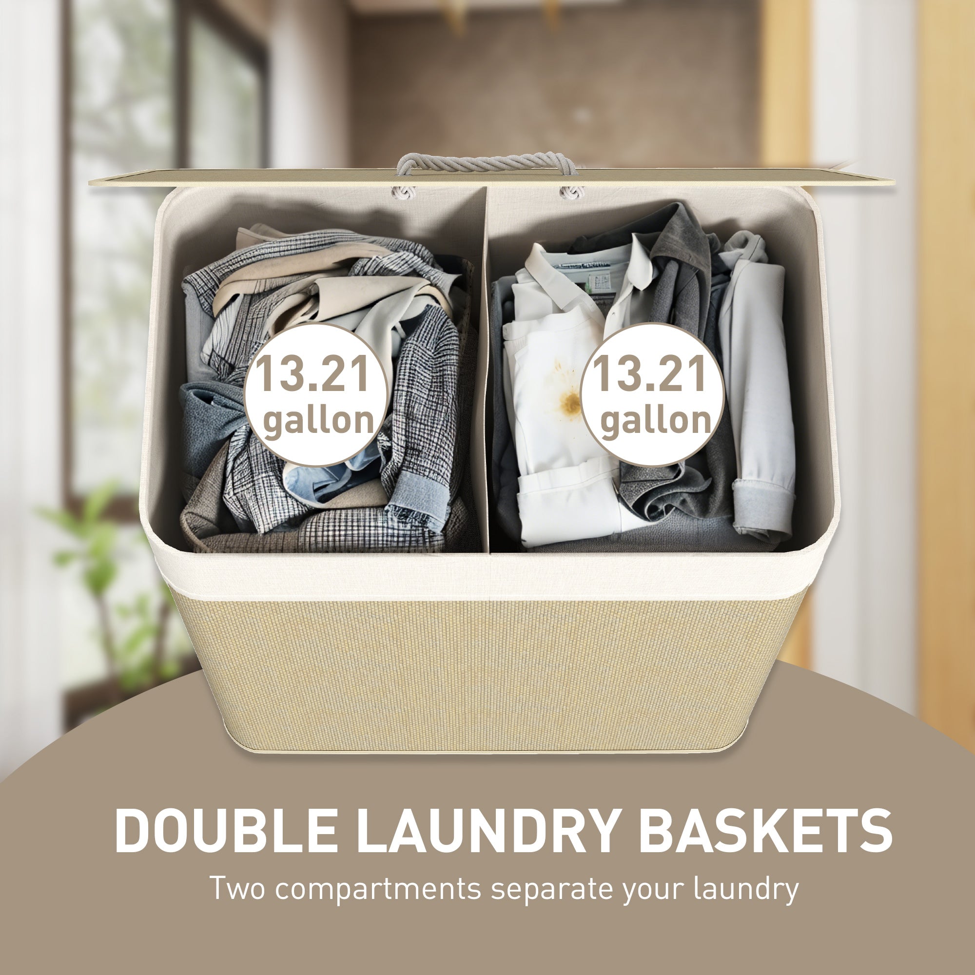 Lidded double laundry hamper for concealed clothing storage