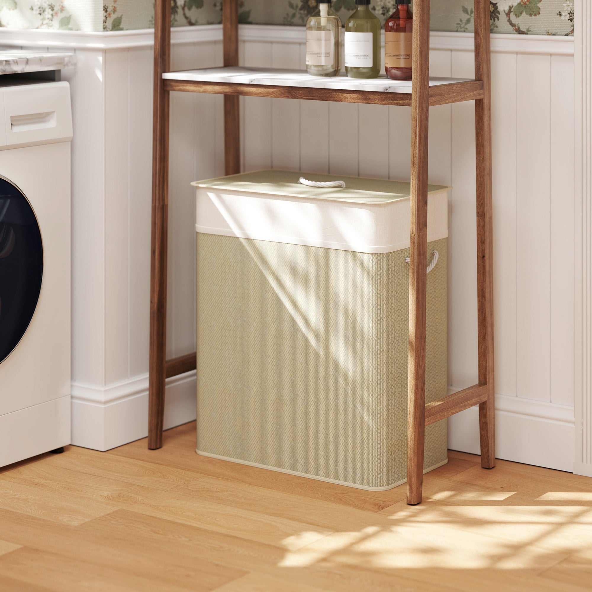 Double laundry hamper showing two sorting compartments