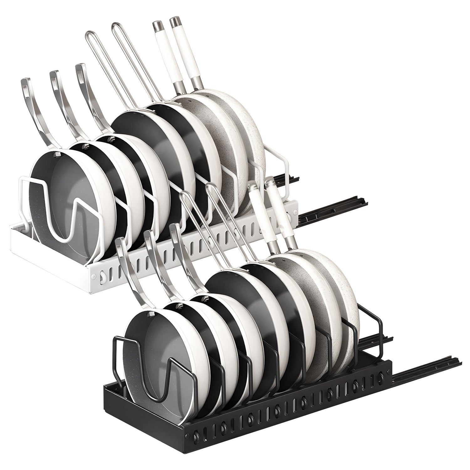 White pull-out pots and pans cabinet organizer