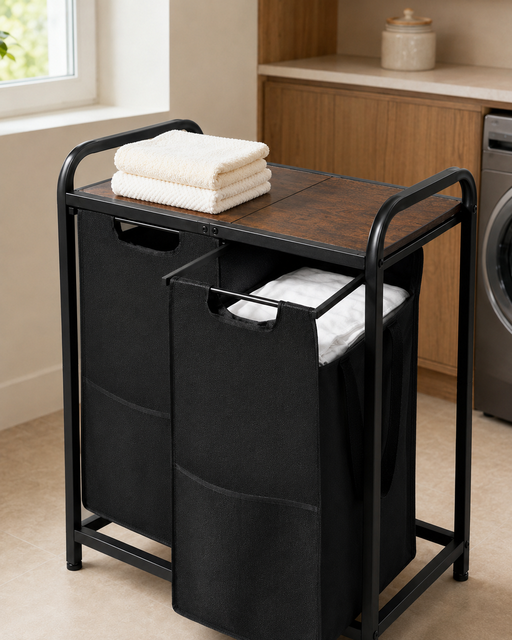 2-Section Laundry Sorter with Pull-Out Bags & Wood Top