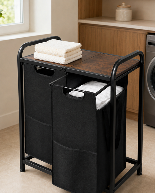 2-Section Laundry Sorter with Pull-Out Bags & Wood Top