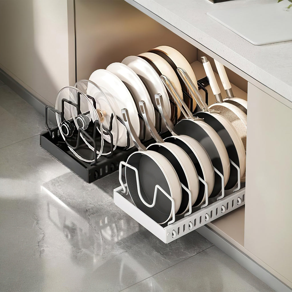 Black pull-out pots and pans cabinet organizer