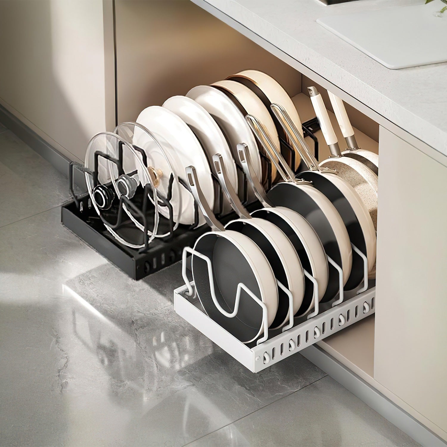 Black pull-out pots and pans cabinet organizer