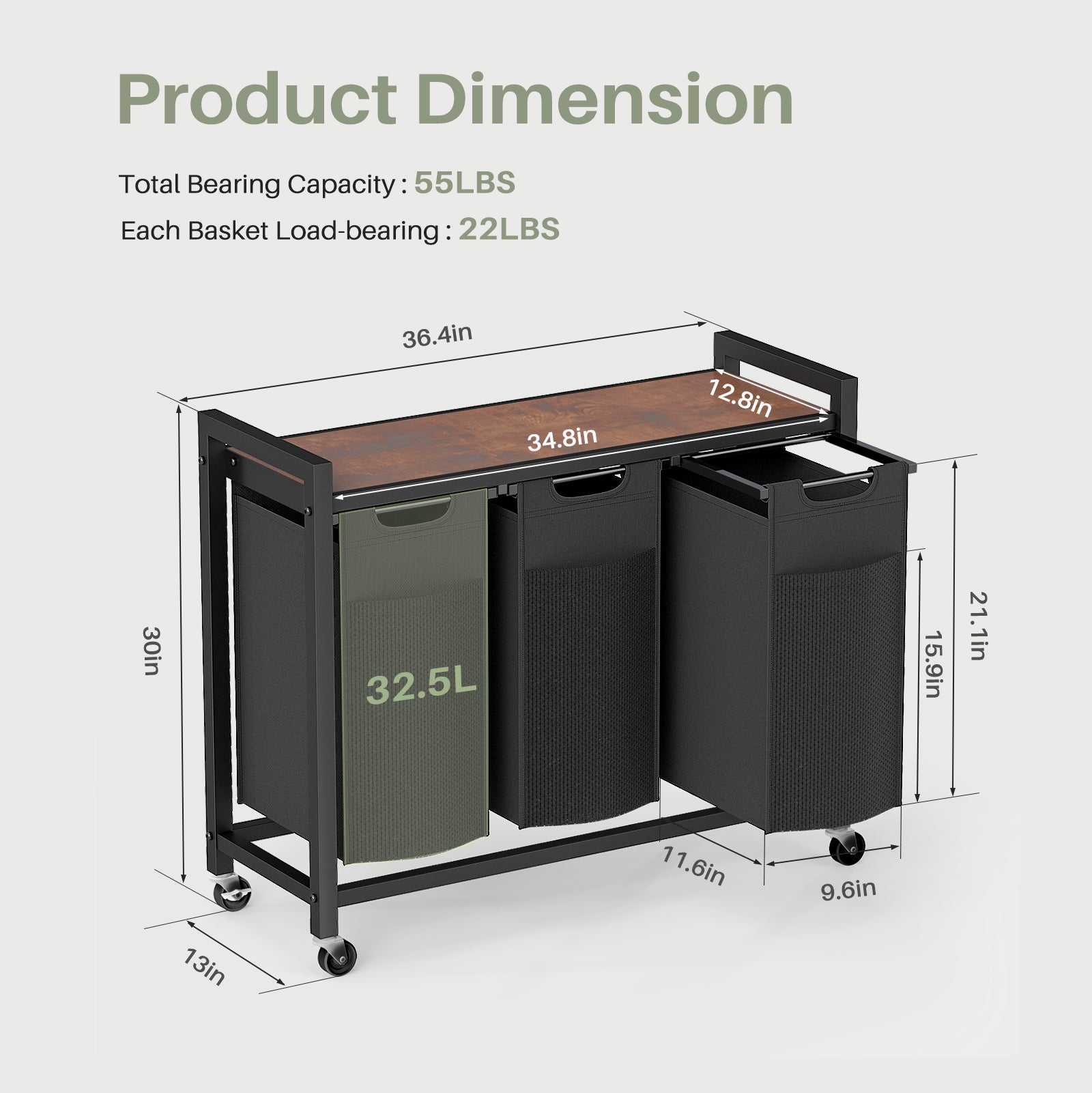 Laundry hamper cart showing lockable caster wheels