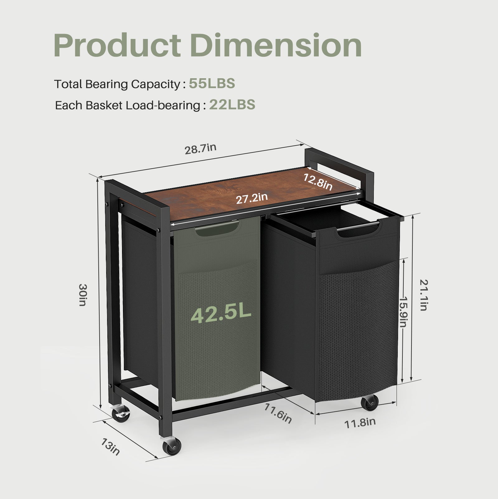 Rolling laundry hamper with top shelf for supplies