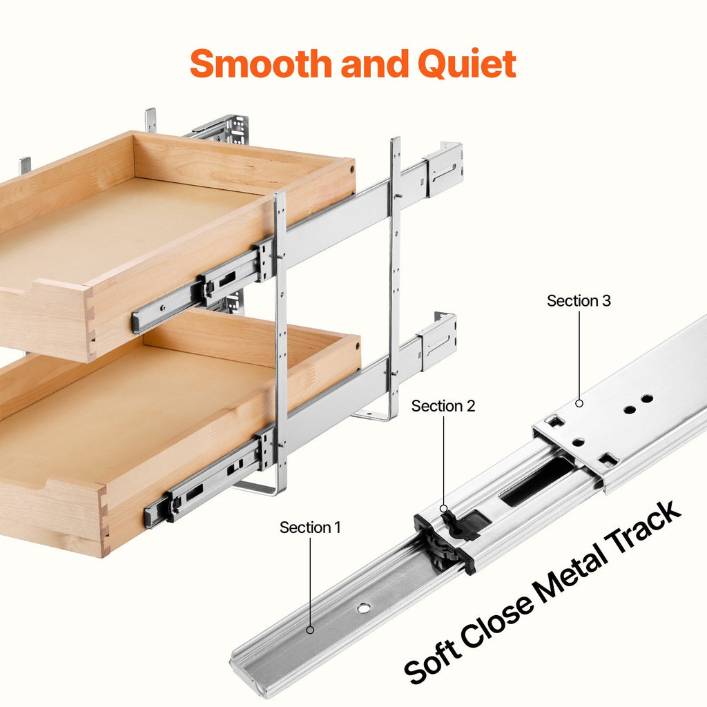14-inch wooden cabinet organizer with both pull-out drawers extended