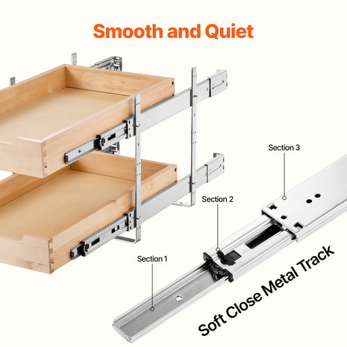 14-inch wooden cabinet organizer with both pull-out drawers extended
