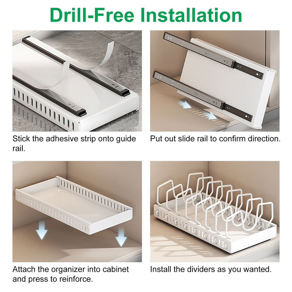 Pull-out cabinet cookware organizer side view