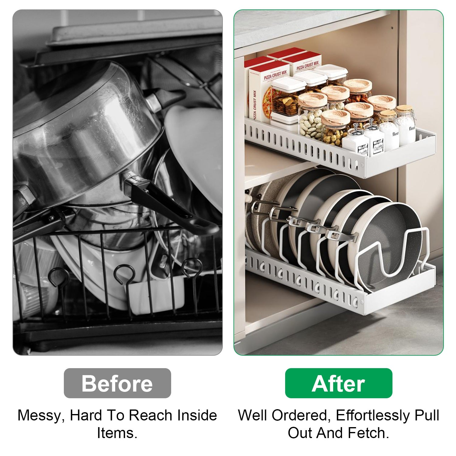 Pull-out cookware organizer in an organized kitchen cabinet