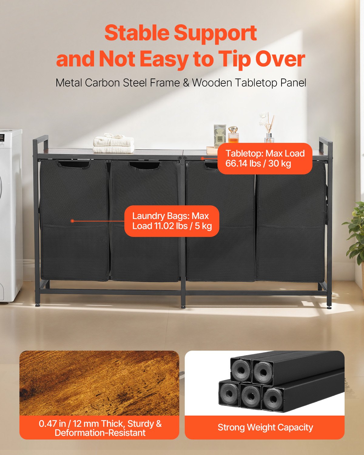 Removable handled bags on four-section laundry sorting station