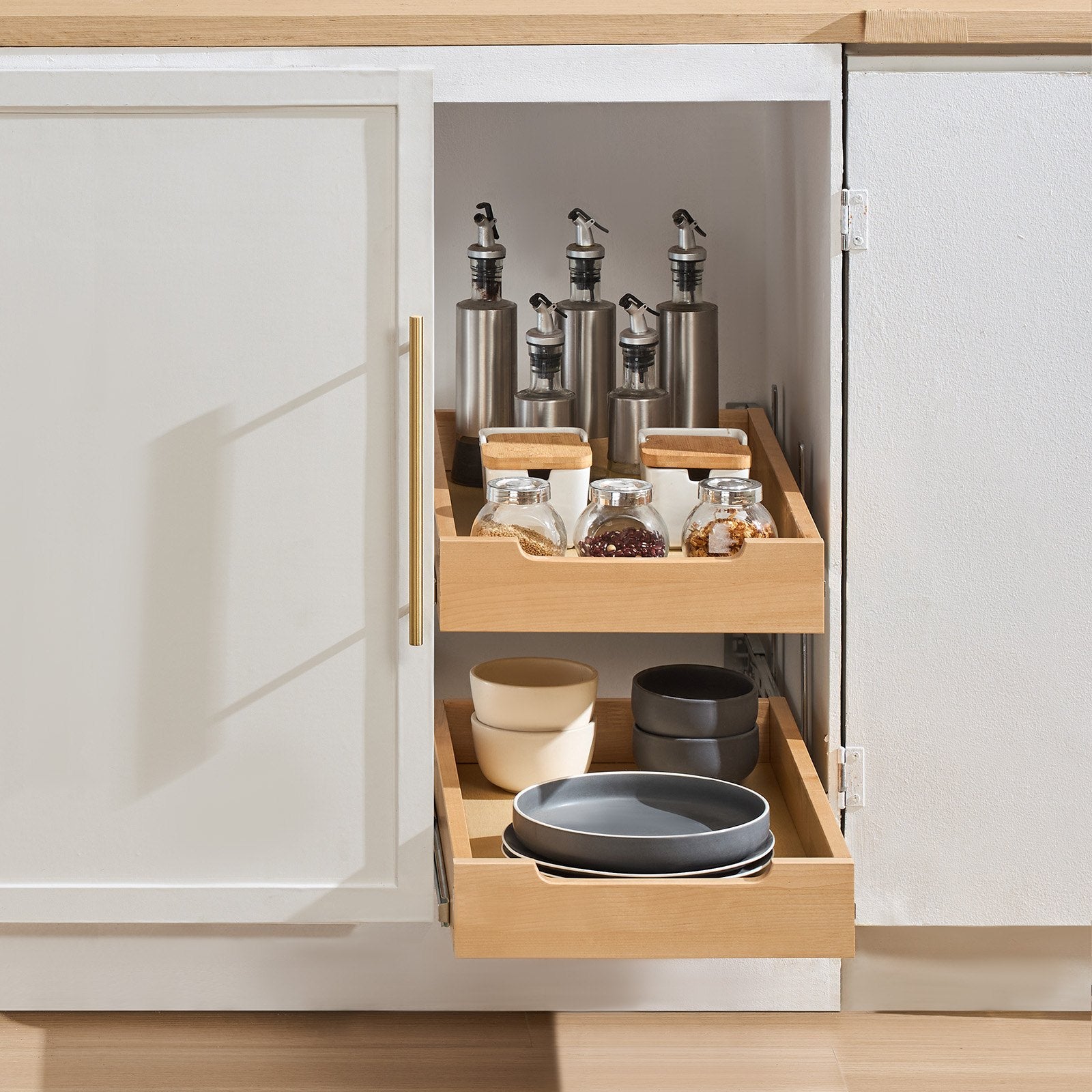14-inch double-tier wooden organizer installed inside a kitchen cabinet