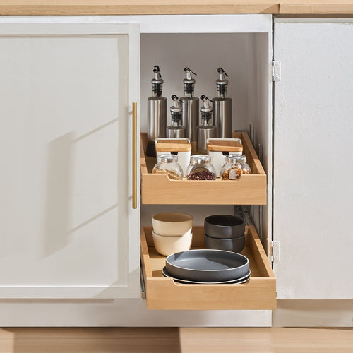 14-inch double-tier wooden organizer installed inside a kitchen cabinet