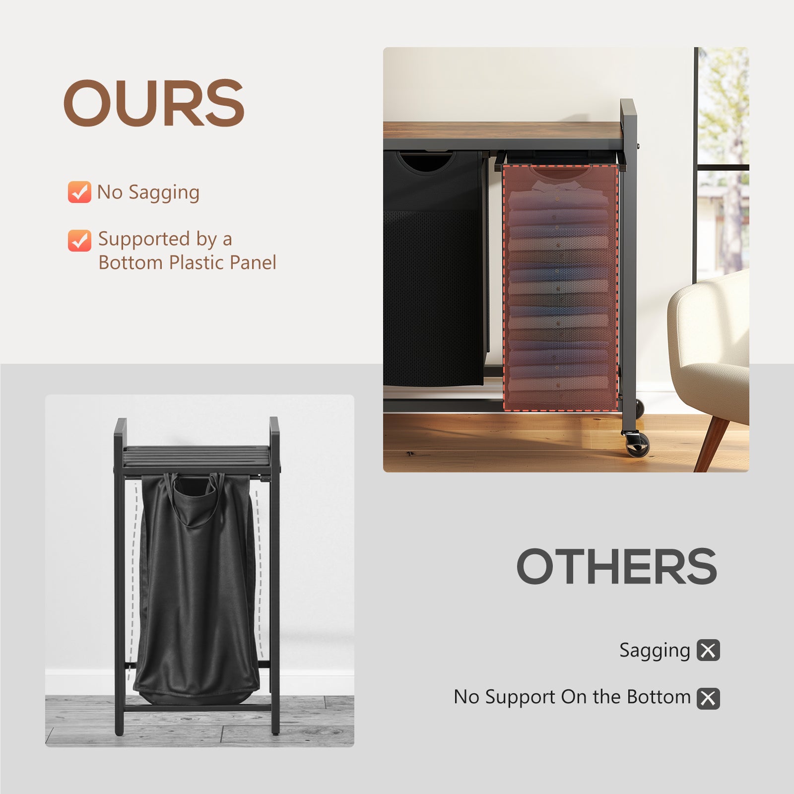 Rolling laundry hamper styled in a laundry room