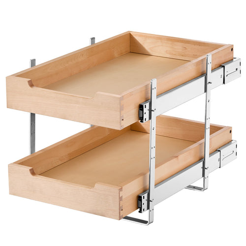 14-inch double-tier wooden cabinet organizer in natural wood finish