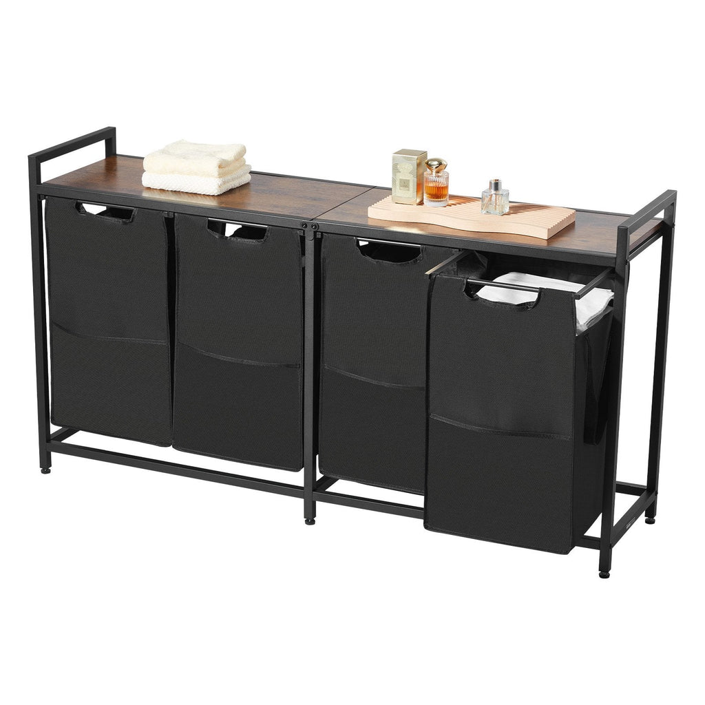 Black four-section laundry sorter with pull-out bags and wood top