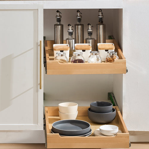 17-inch wooden pull-out organizer installed inside a kitchen cabinet