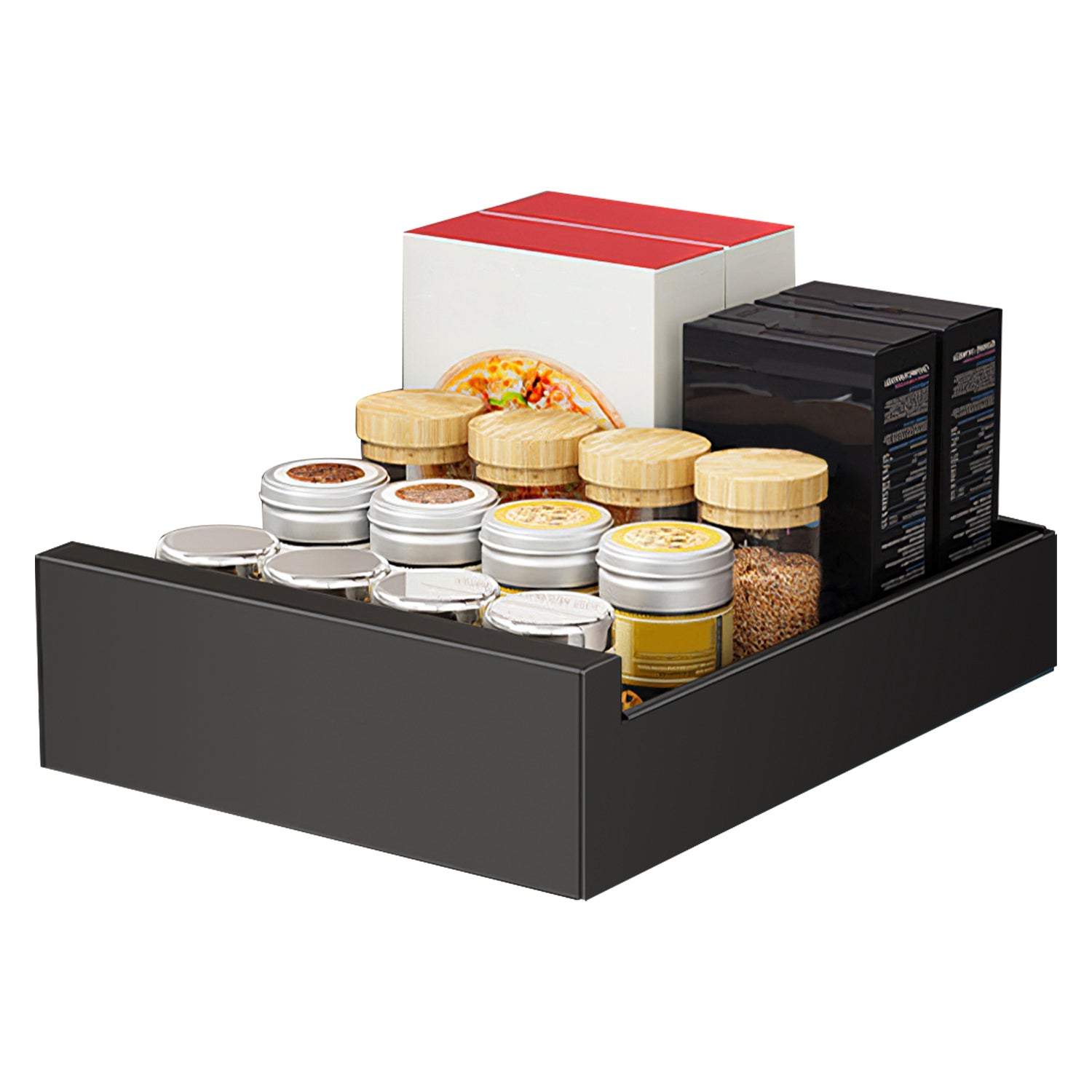 Heavy-duty black pull-out cabinet organizer drawer