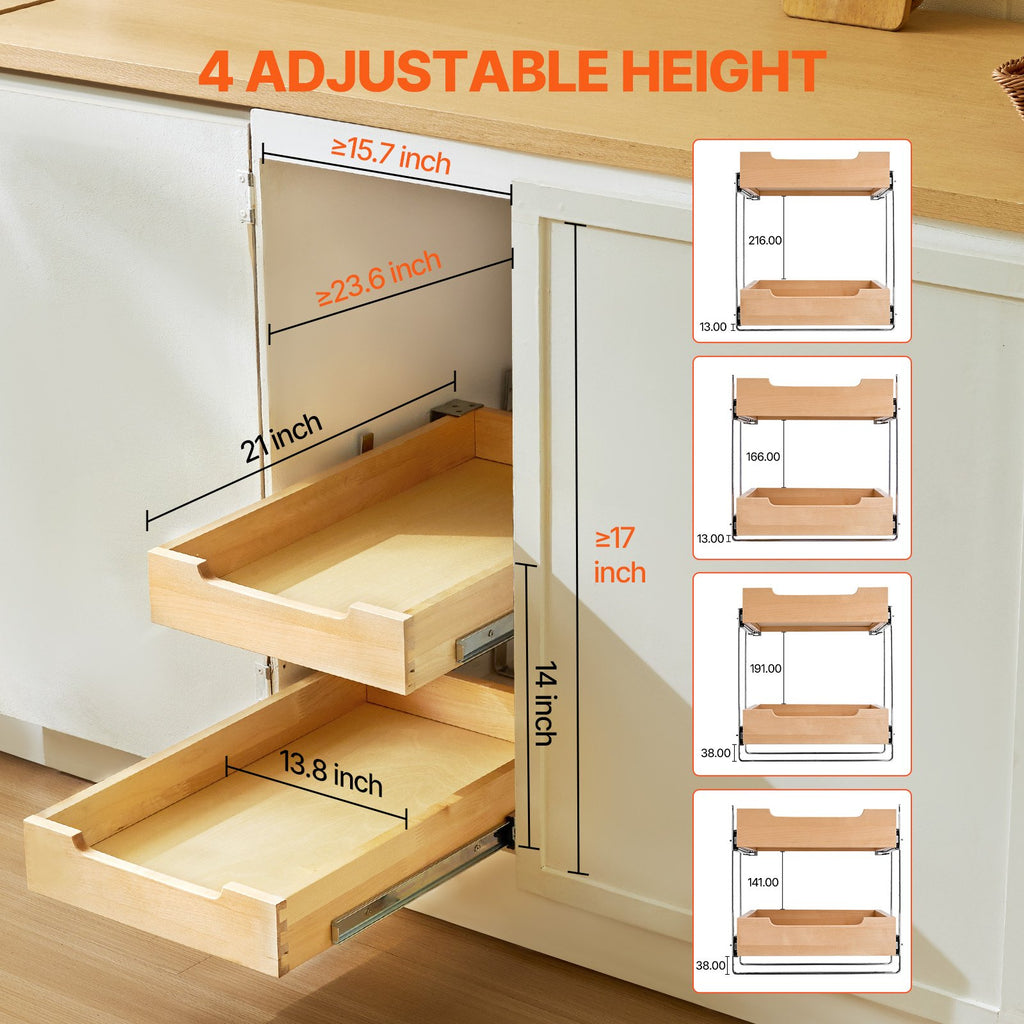 Double-tier wooden cabinet organizer showing soft-close sliding rails