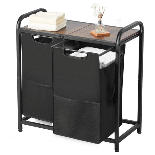 2-section laundry sorter with pull-out bags and wood top