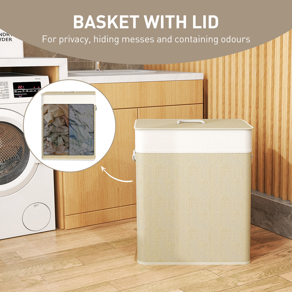 Double laundry hamper styled in a modern laundry room