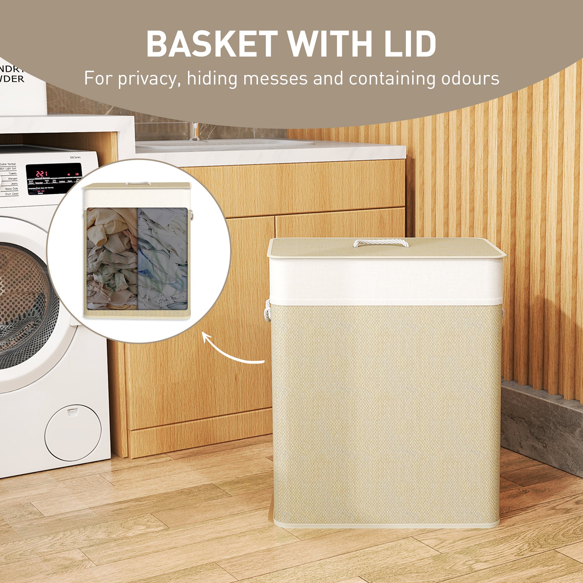 Double laundry hamper styled in a modern laundry room