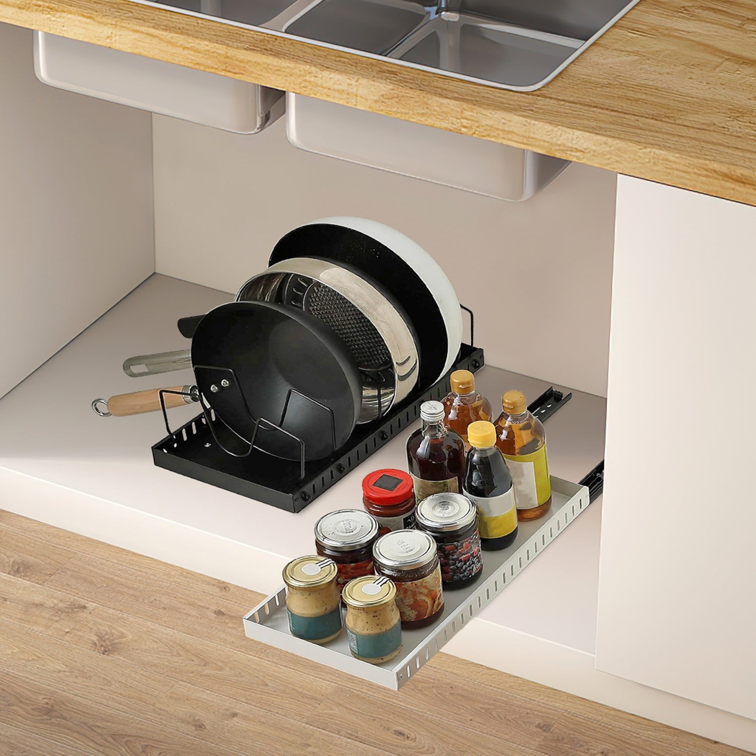 Cabinet organizer holding pots pans and lids