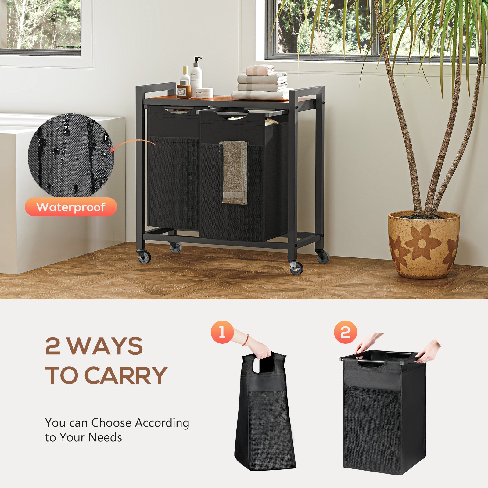 Laundry cart with separate bags for sorting clothing