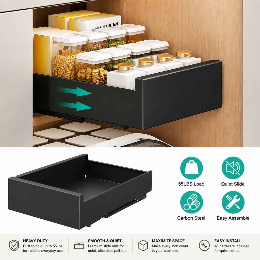 Heavy-duty cabinet organizer drawer fully extended