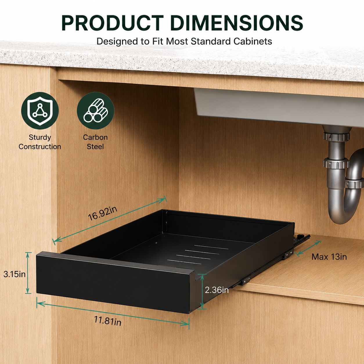 Heavy-duty pull-out drawer storing kitchen essentials
