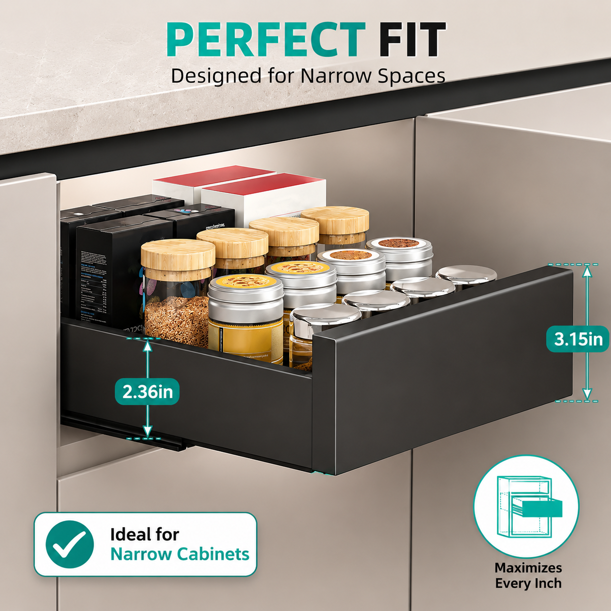 Cabinet organizer showing smooth sliding rail details