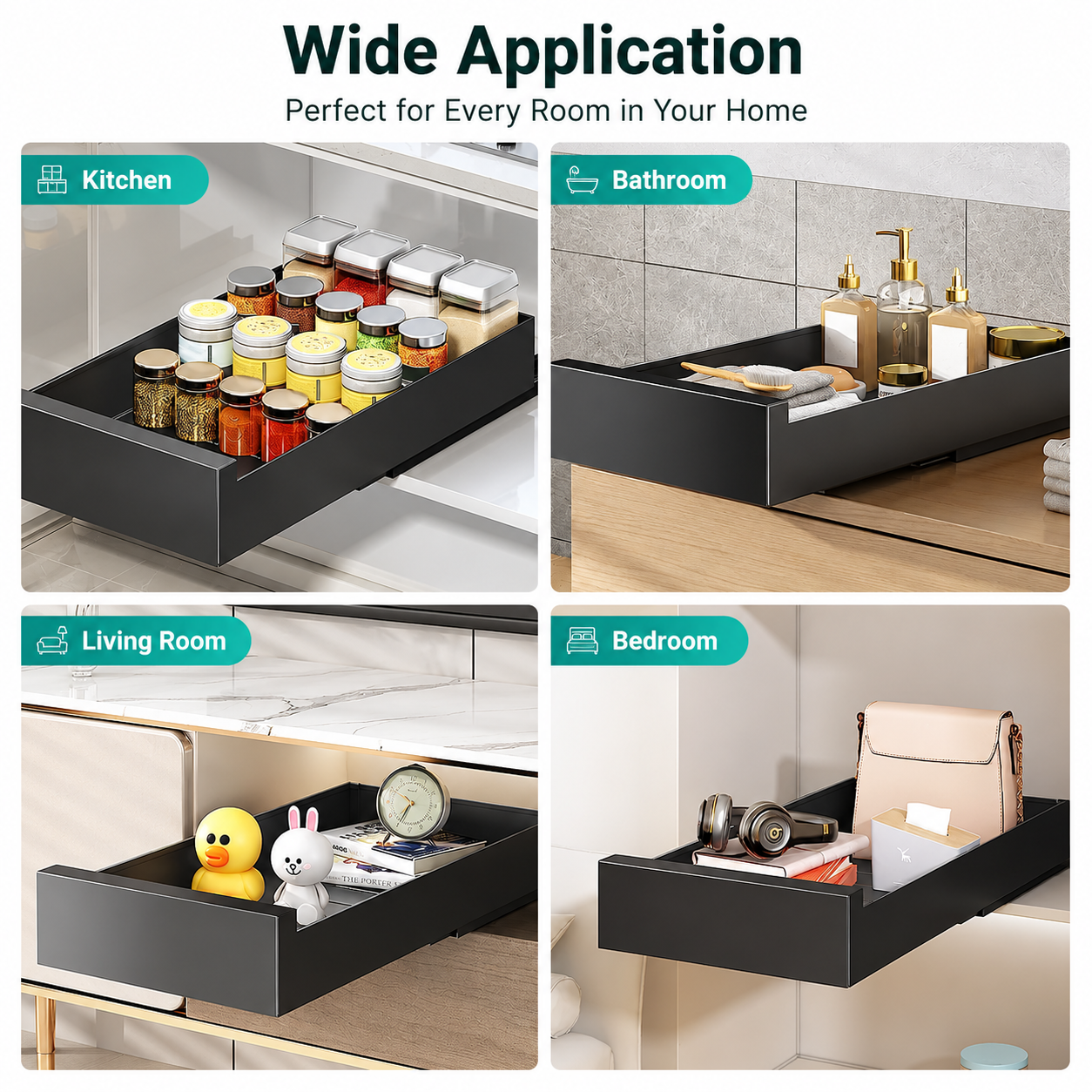Black sliding organizer creating accessible cabinet storage