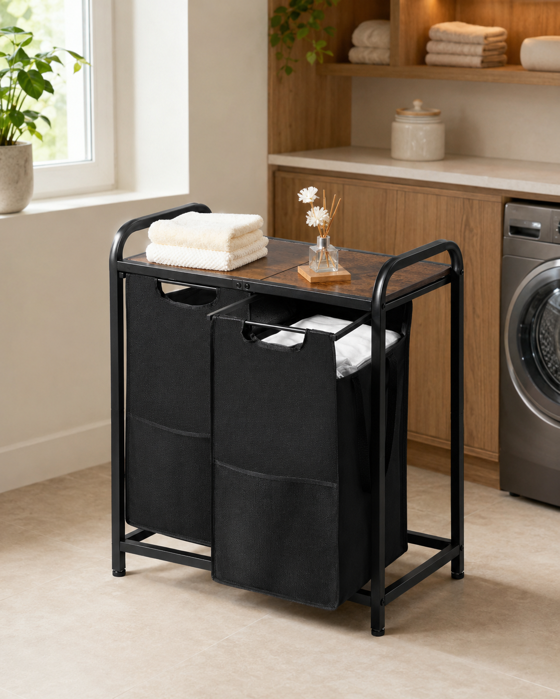 2-Section Laundry Sorter with Pull-Out Bags & Wood Top