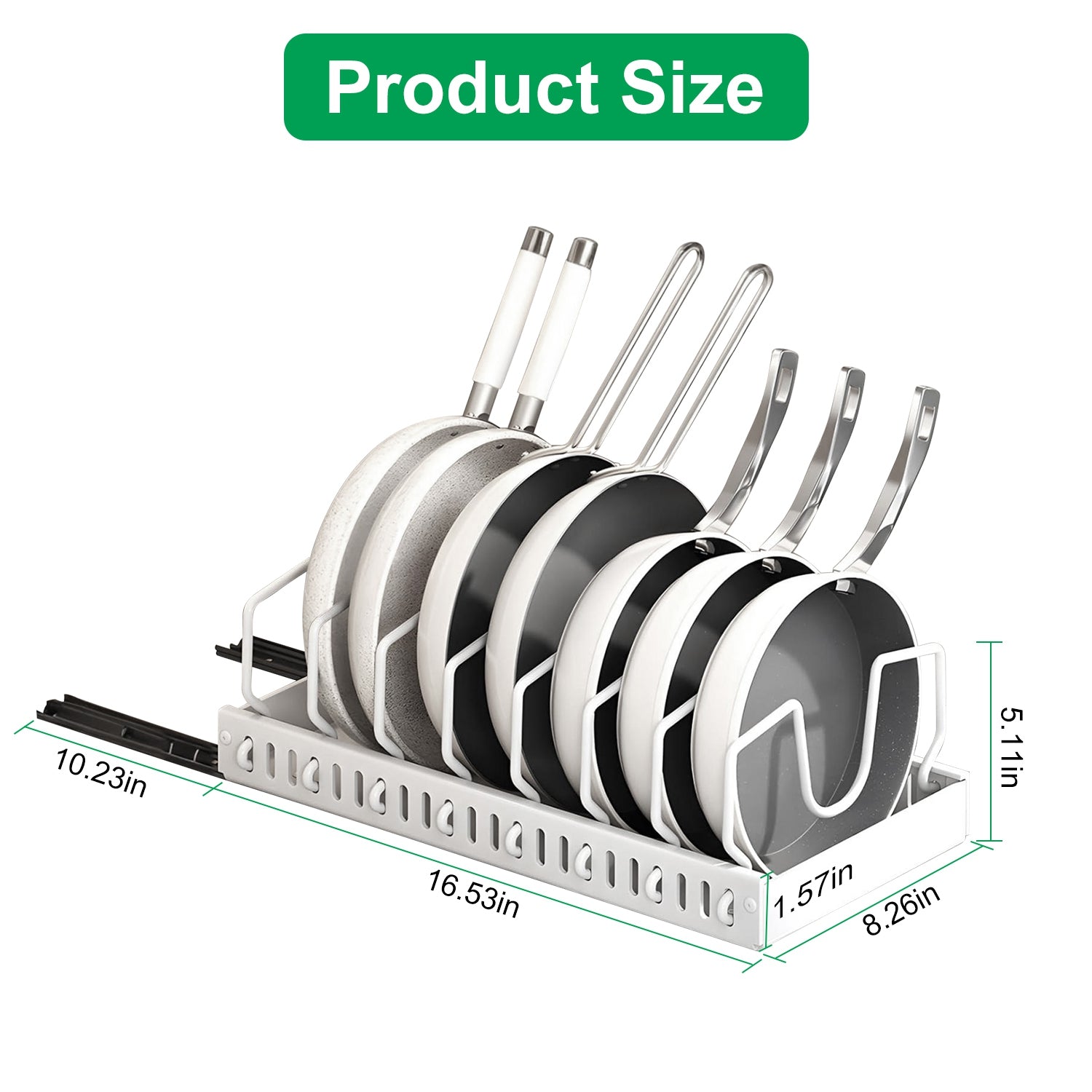 Pull-out pots and pans organizer frame and rail details