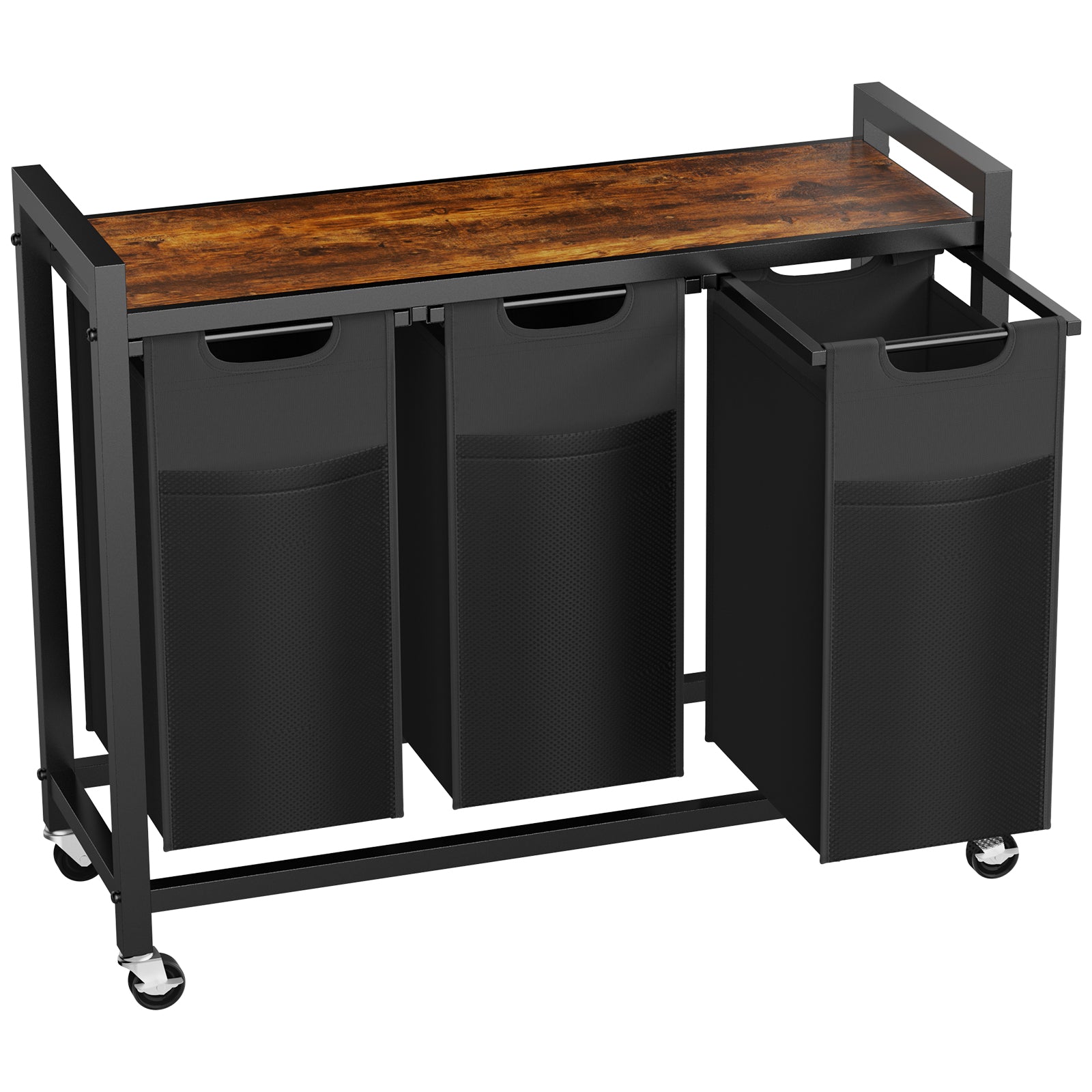 Rolling laundry hamper in three-basket configuration