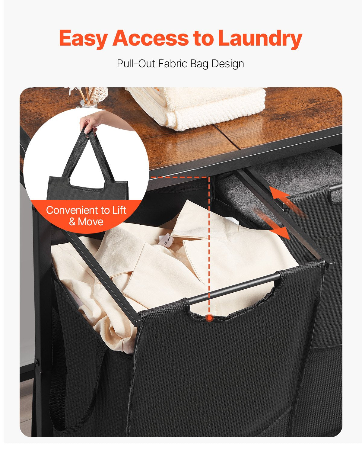 Four-compartment laundry hamper with removable black fabric bags