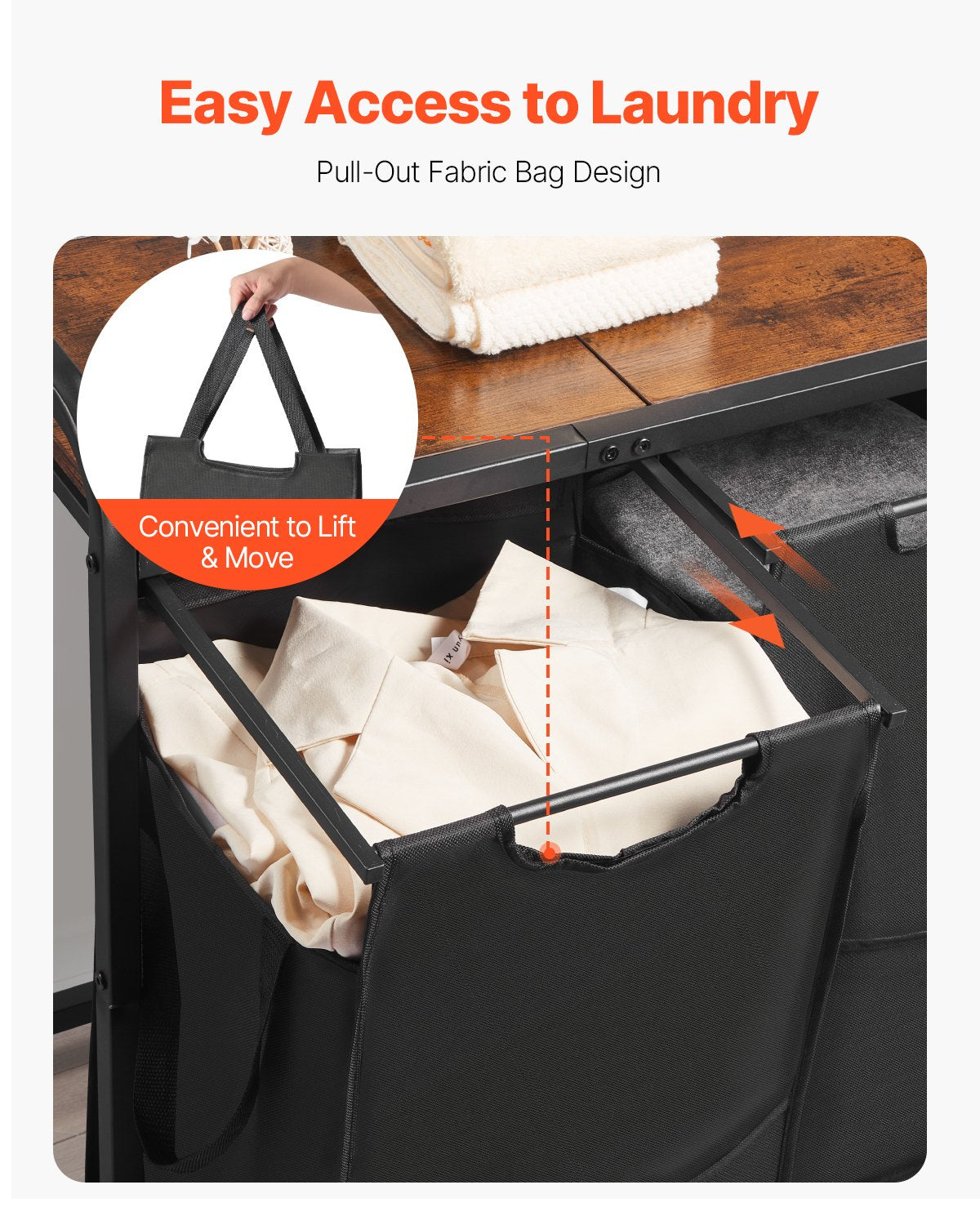 Pull-out laundry bags and exterior storage pockets