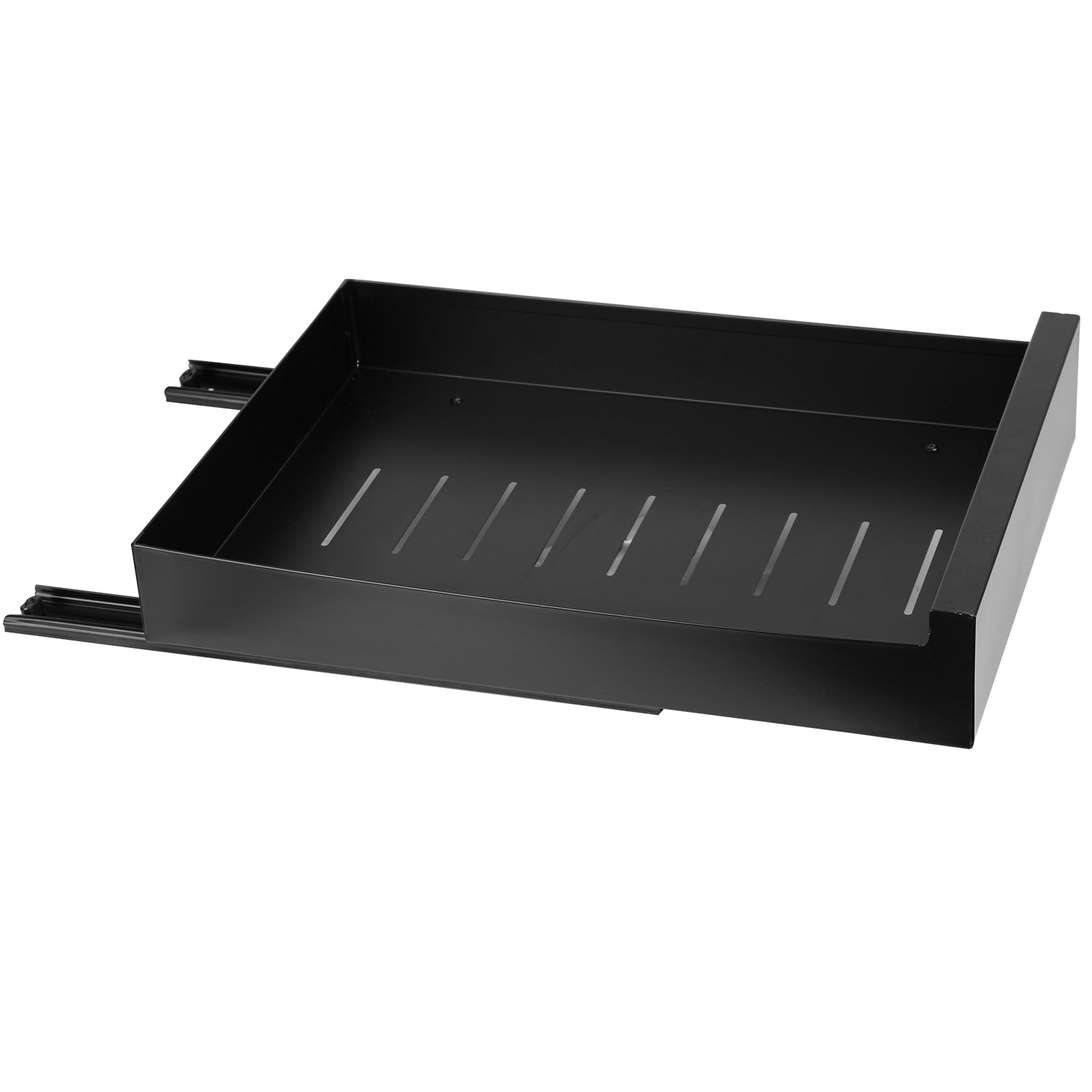 Black pull-out organizer installed inside a kitchen cabinet