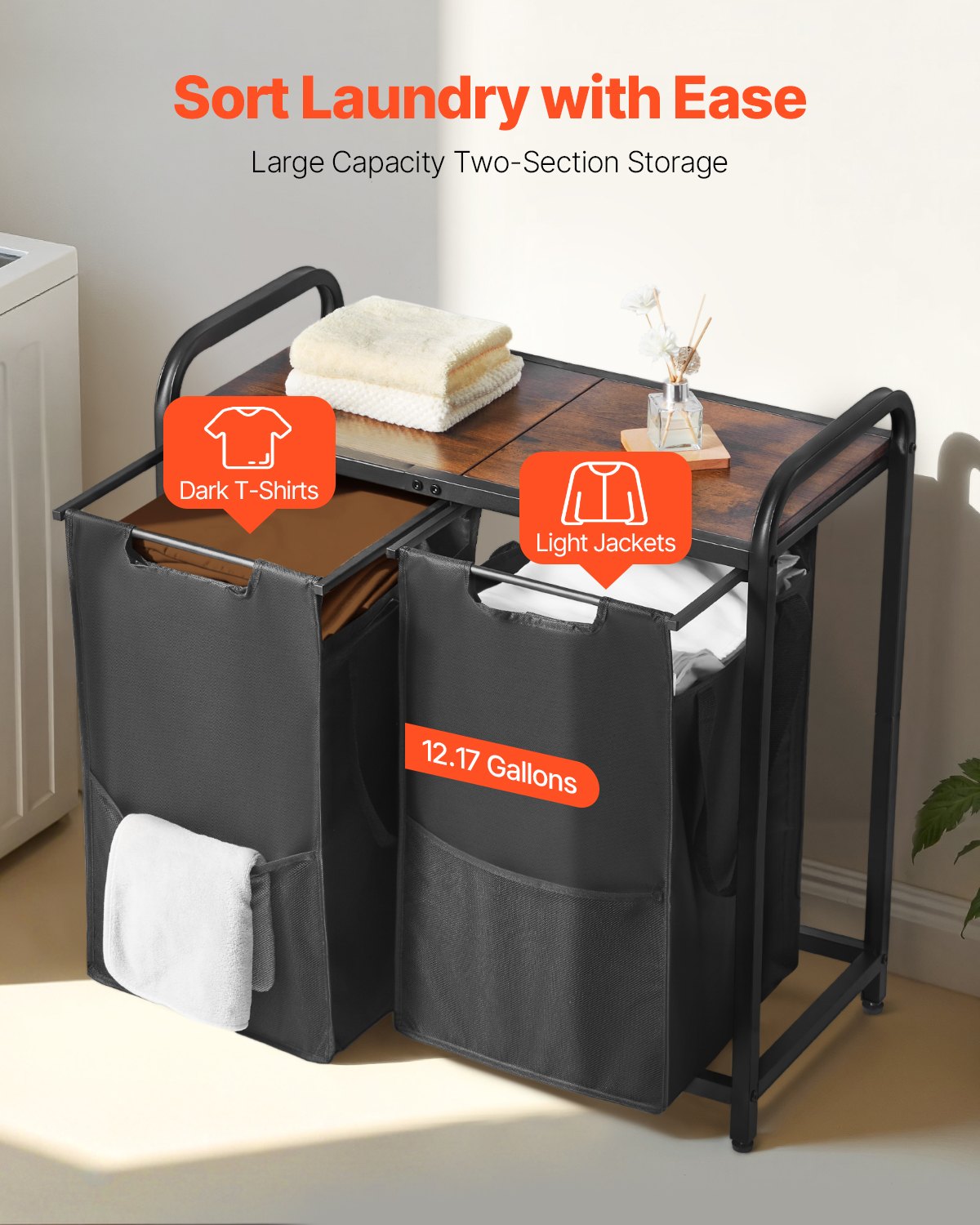Black laundry sorter with wood top in an organized laundry room