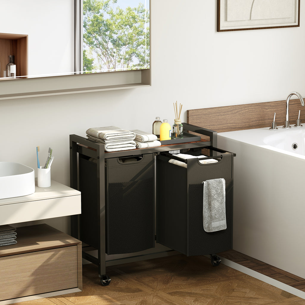 Rolling laundry hamper with removable bags and storage shelf