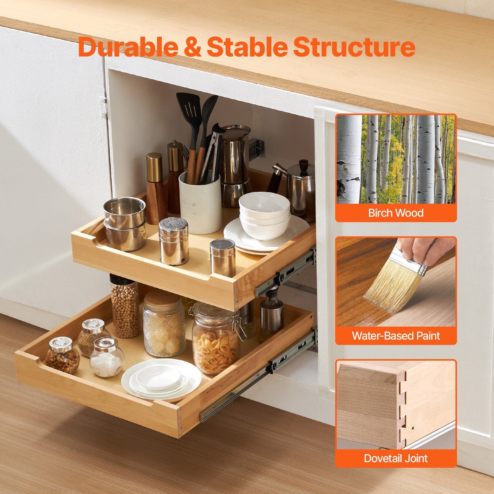 Double-tier wooden organizer for cookware and pantry essentials