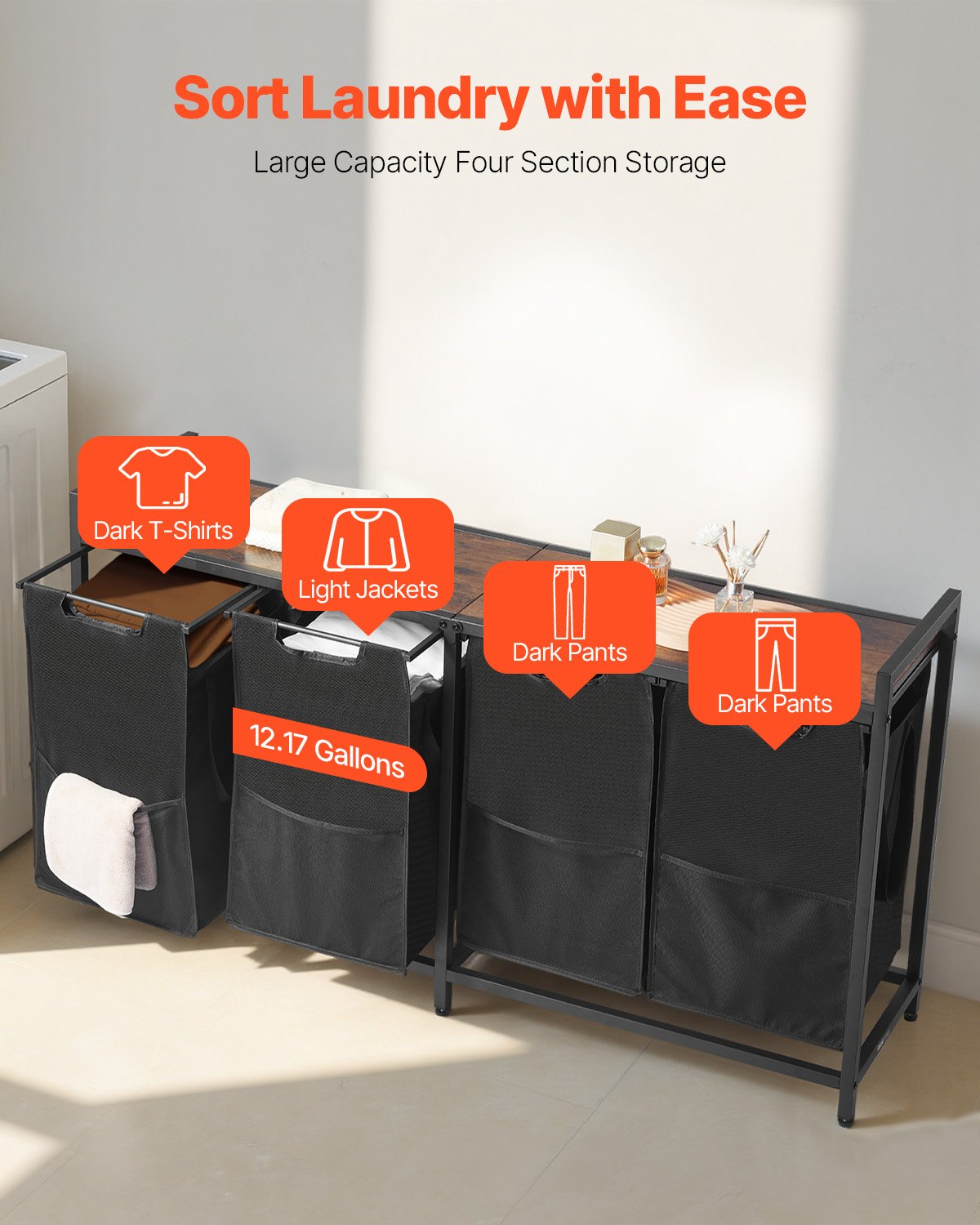 Pull-out laundry bags beneath a wood-look storage tabletop